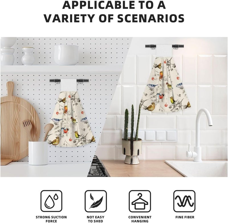 PDDCWAY Spring Vintage Birds Hanging Kitchen Towel 2 Pack Hummingbird Floral Tree Soft Hand Towels with Loop for Bathroom Washcloth Absorbent Tie Towel - Image 4